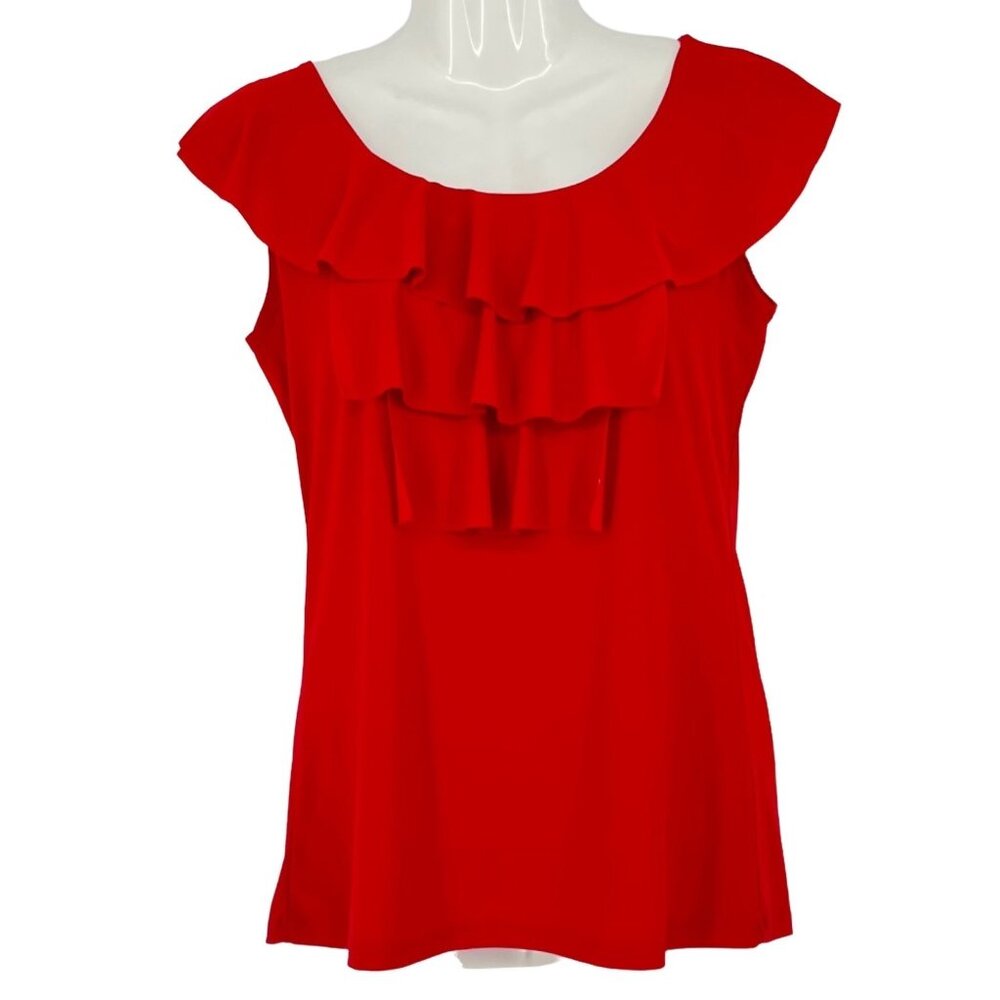 NWT Claudia Richard Womens S Red Ruffle Front Sleeveless Blouse Flutter Collar